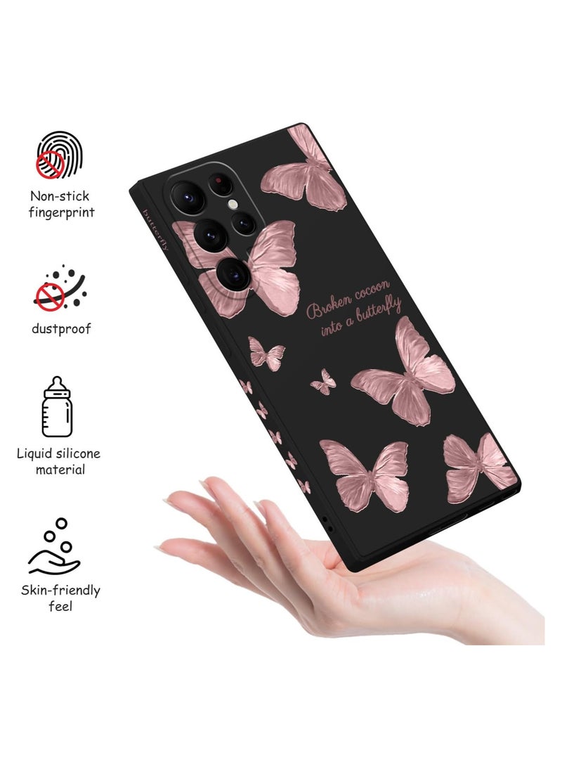 غطاء هاتف Samsung Galaxy S22 Ultra، تصميمات أنيقة بنقشة الفراشة من السيليكون الناعم للحماية من السقوط والبصمات، مناسب للنساء والفتيات، لهاتف Samsung S22 Ultra - اللون: أسود بنقشة الفراشة - Image 3