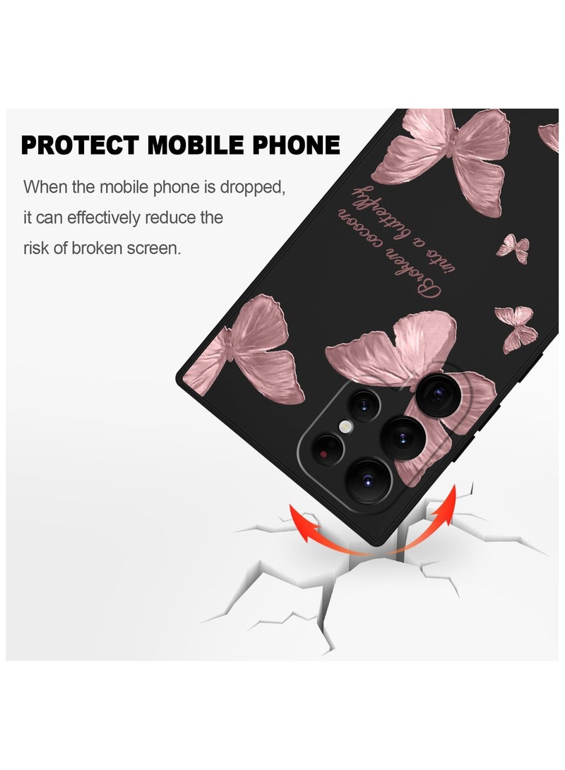 غطاء هاتف Samsung Galaxy S22 Ultra، تصميمات أنيقة بنقشة الفراشة من السيليكون الناعم للحماية من السقوط والبصمات، مناسب للنساء والفتيات، لهاتف Samsung S22 Ultra - اللون: أسود بنقشة الفراشة - Image 4