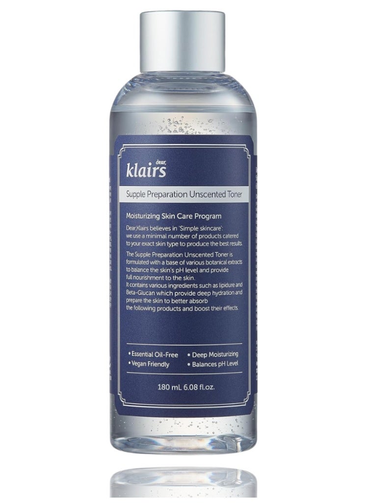Klairs Dehydrated & Sensitive Skin Relief – Klairs Supple Preparation Unscented Toner 180ml | Hydrating, Barrier-Boosting, Fragrance-Free - Image 1
