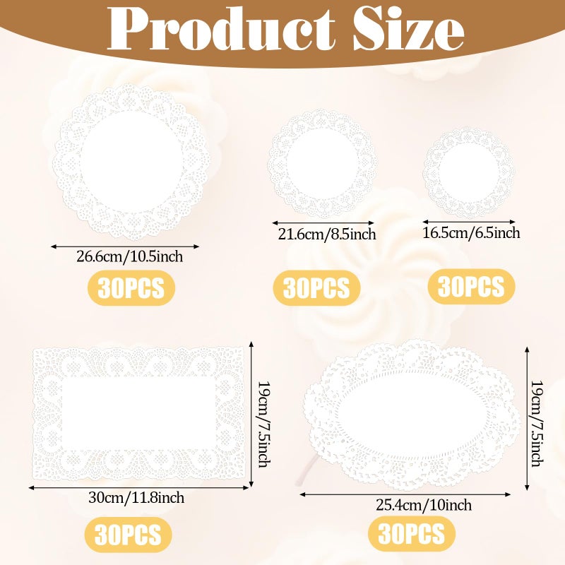 salbsever 150Pcs Paper Doilies Assorted Sizes White Lace Paper Doilies Disposable Doily Rectangle Round Paper Doilies for Dessert Trays Tables Furniture Buffet Cake Fried Food Wedding Party Tableware Decor - Image 2