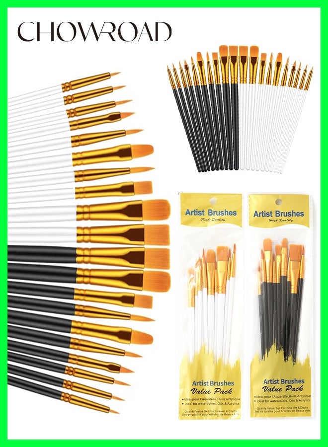 CHOWROAD Round Pointed Tip Paintbrushes 2 Pack 20 Pcs Nylon Hair Artist Brushes for Acrylic Oil Watercolor Painting Face Nail Art Miniature Detailing Rock Painting Everyday Use - Image 1