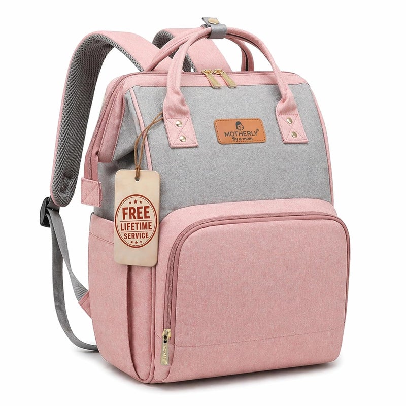 Motherly Crown Melange Fabric Diaper Bag for Mothers for Travel With Warranty | Spacious Diaper Bags for Mom | baby bag for mother travel | Maternity Bags for Mother and Baby (Pink and Gray) - Image 2