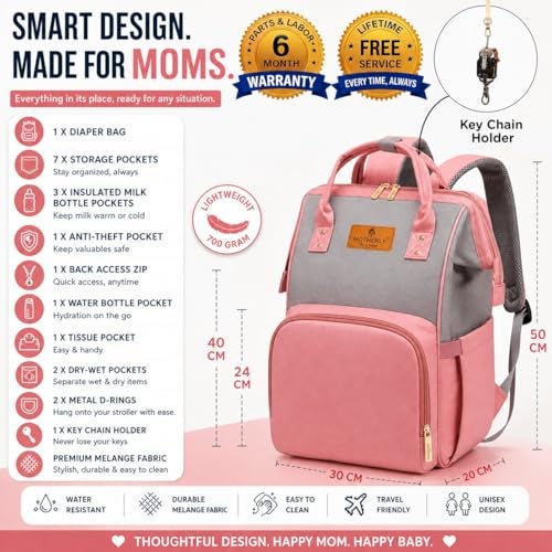 Motherly Crown Melange Fabric Diaper Bag for Mothers for Travel With Warranty | Spacious Diaper Bags for Mom | baby bag for mother travel | Maternity Bags for Mother and Baby (Pink and Gray) - Image 4