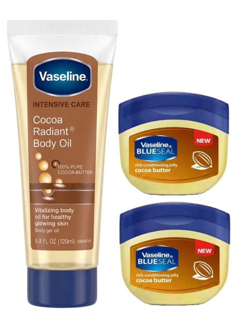 Vaseline Intensive Care Cocoa Radiant Body Gel Oil 120Ml plus 2Pcs Vaseline Blue Seal With Cocoa Butter Petroleum Jelly 50Ml - Image 1