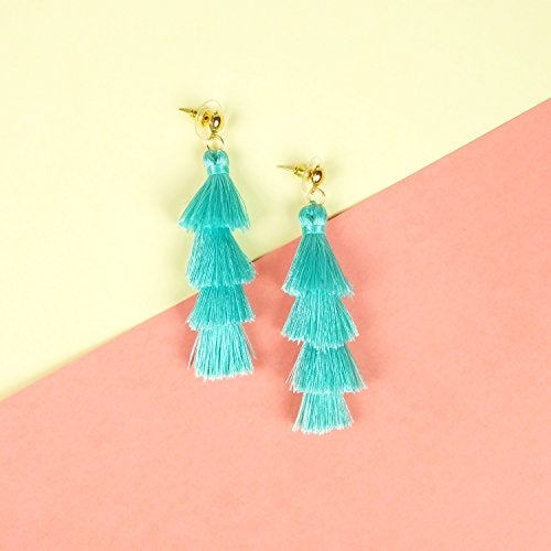 BaubleStar Fashion Tassel Dangle Earrings for Women Layered Long Bonita Tiered Thread Tassel Turquoise Blue Drop Statement Jewelry - Image 3
