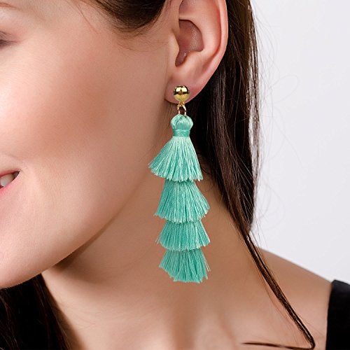 BaubleStar Fashion Tassel Dangle Earrings for Women Layered Long Bonita Tiered Thread Tassel Turquoise Blue Drop Statement Jewelry - Image 2