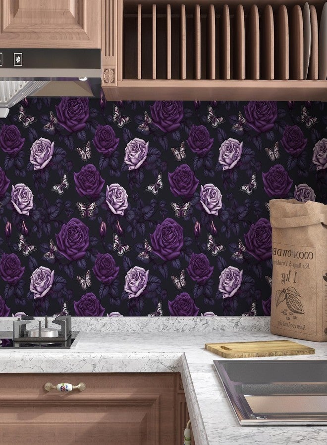 BOKEBEVE Dark Purple Floral Wallpaper Butterfly Contact Paper Renter Friendly Wallpaper for Backsplash Shelf Liner Cabinet Countertop Removable 17.5 x 118In - Image 5