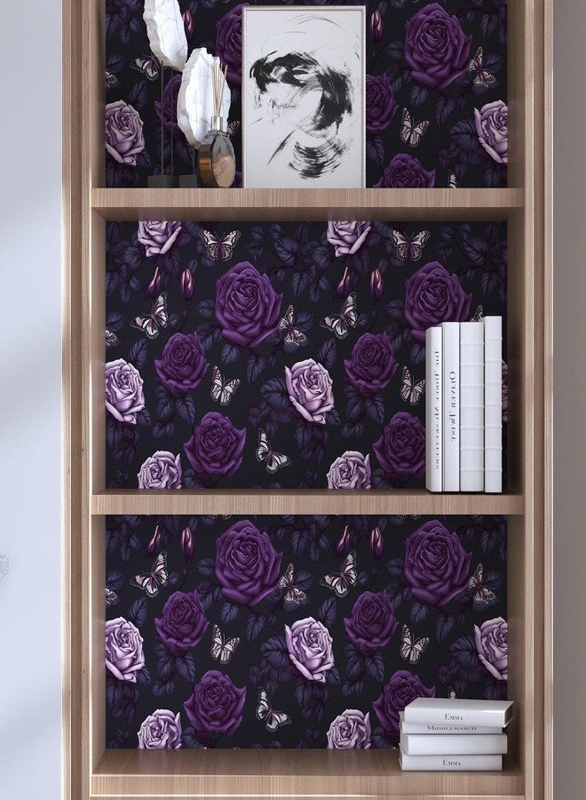 BOKEBEVE Dark Purple Floral Wallpaper Butterfly Contact Paper Renter Friendly Wallpaper for Backsplash Shelf Liner Cabinet Countertop Removable 17.5 x 118In - Image 3