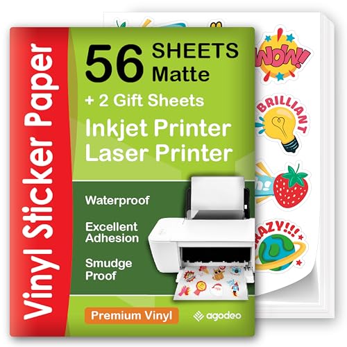 AgoDeo Premium Printable Vinyl Sticker Paper for Inkjet & Laser Printer - 56 Sheets Self-Adhesive Sheets Matte White Waterproof, Dries Quickly Vivid Colors, Holds Ink Well - Tear Resistant - Image 1
