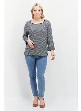 Zero Women Boat Neck Long Sleeves Stripe Top, Black  - Image 3