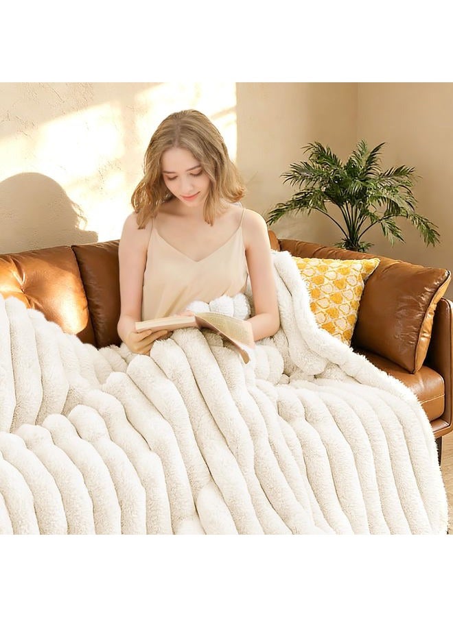VFROO Faux Fur Throw Blanket for Couch,Cozy Soft Plush Thick Striped Luxury Blanket for Sofa Living Room Bedroom,50 * 60 Inches, White - Image 3