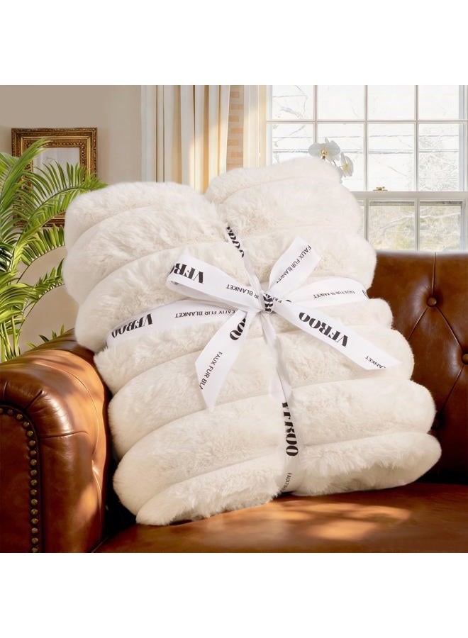 VFROO Faux Fur Throw Blanket for Couch,Cozy Soft Plush Thick Striped Luxury Blanket for Sofa Living Room Bedroom,50 * 60 Inches, White - Image 4