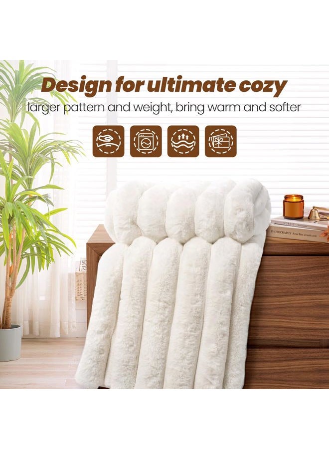VFROO Faux Fur Throw Blanket for Couch,Cozy Soft Plush Thick Striped Luxury Blanket for Sofa Living Room Bedroom,50 * 60 Inches, White - Image 5