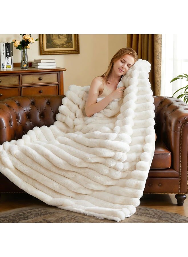 VFROO Faux Fur Throw Blanket for Couch,Cozy Soft Plush Thick Striped Luxury Blanket for Sofa Living Room Bedroom,50 * 60 Inches, White - Image 2