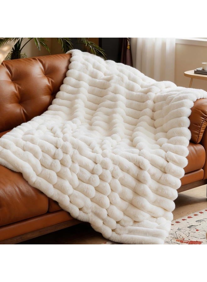 VFROO Faux Fur Throw Blanket for Couch,Cozy Soft Plush Thick Striped Luxury Blanket for Sofa Living Room Bedroom,50 * 60 Inches, White - Image 1