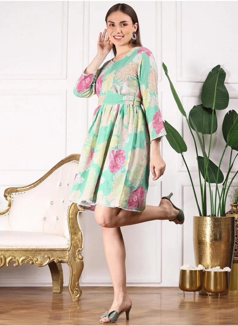 ISHIN Regular Fit Embellished Pattern Round Neck Neck Three-Quarter Sleeve Multicolour Colour Knitted Cotton Dresses for Women - A Statement Piece for Every Look
