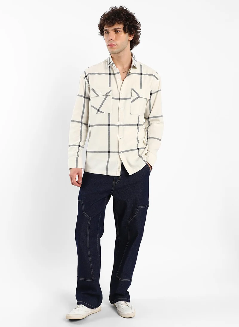 Campus Sutra Men's Cream White Graph Check Shacket