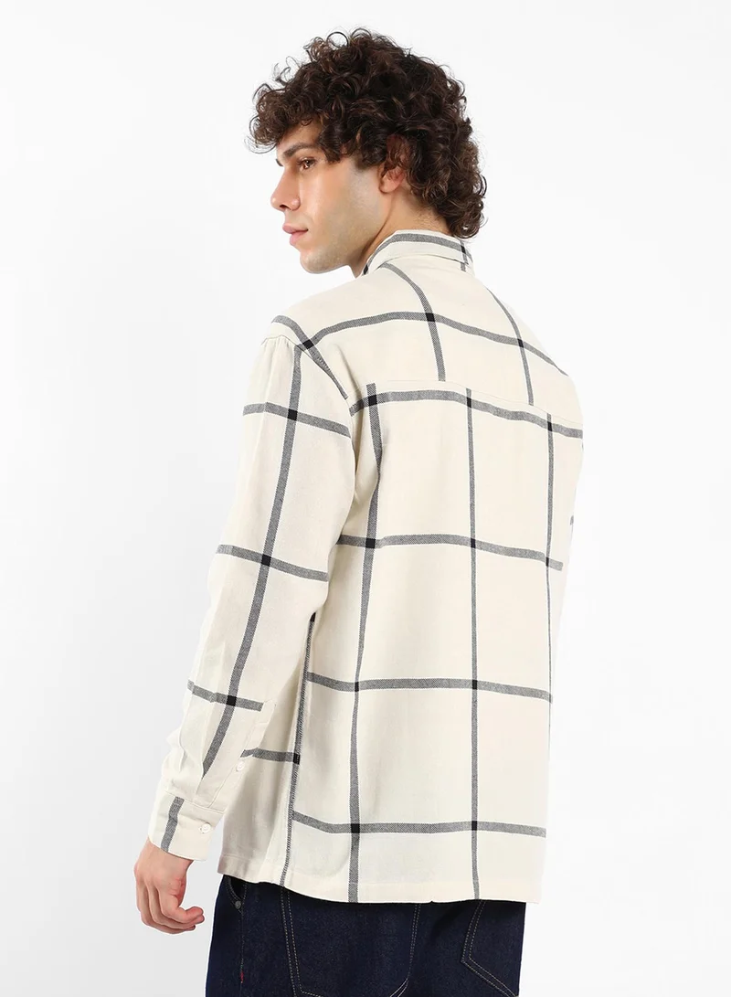 Campus Sutra Men's Cream White Graph Check Shacket