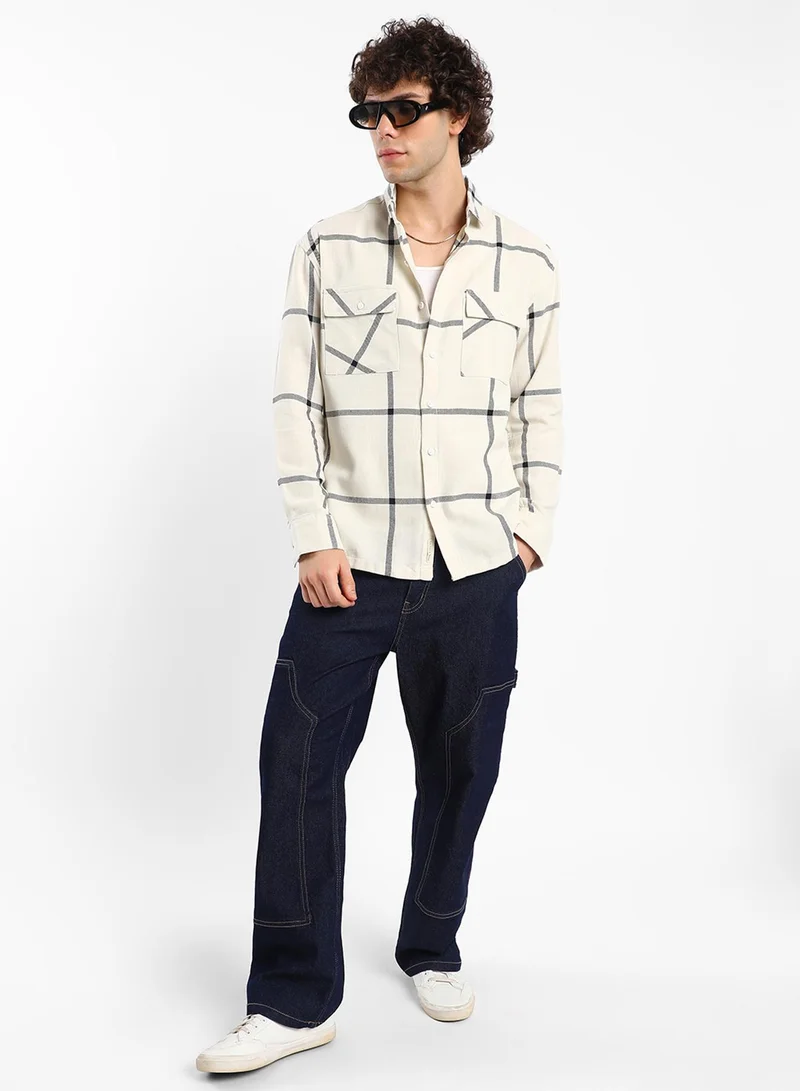 Campus Sutra Men's Cream White Graph Check Shacket