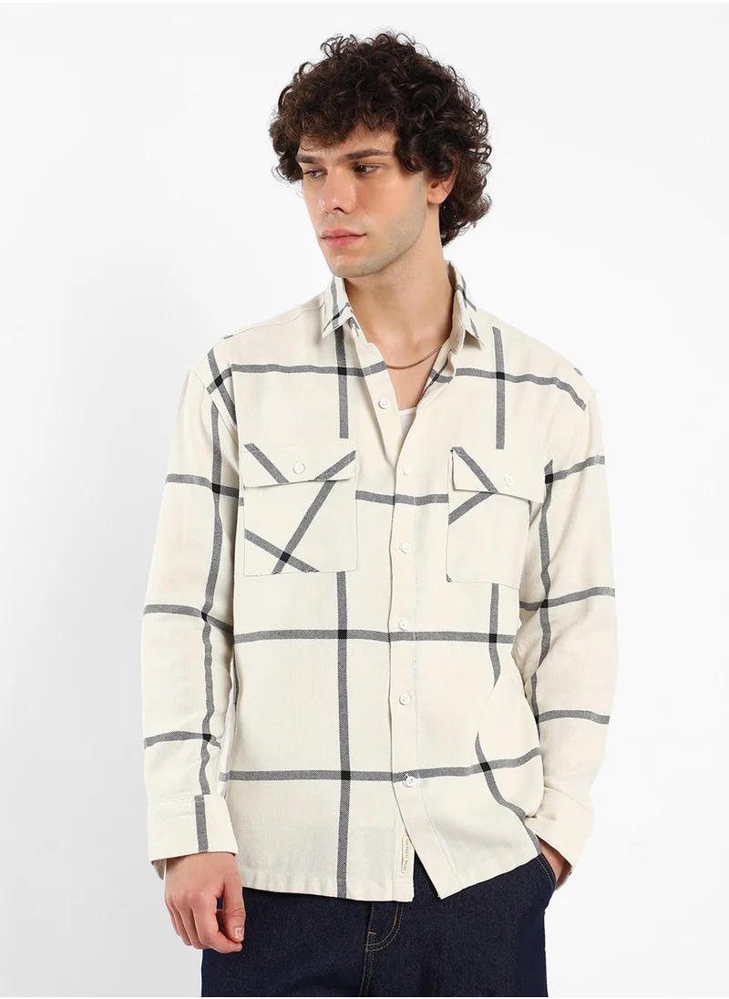 كامبوس سوترا Men's Cream White Graph Check Shacket