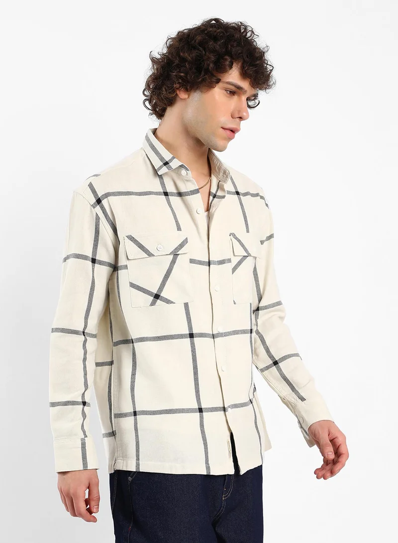 Campus Sutra Men's Cream White Graph Check Shacket