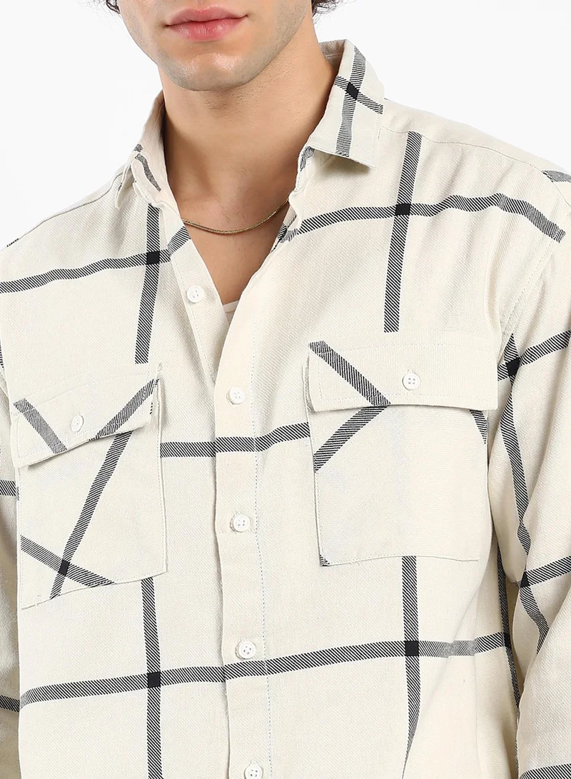 Campus Sutra Men's Cream White Graph Check Shacket