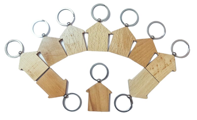 Kidultz Empty Wooden Keychain for DIY Projects - Laser Engravable, Printable & Writable - Pack of 10 - Different Shapes (Home Shape) - Image 1