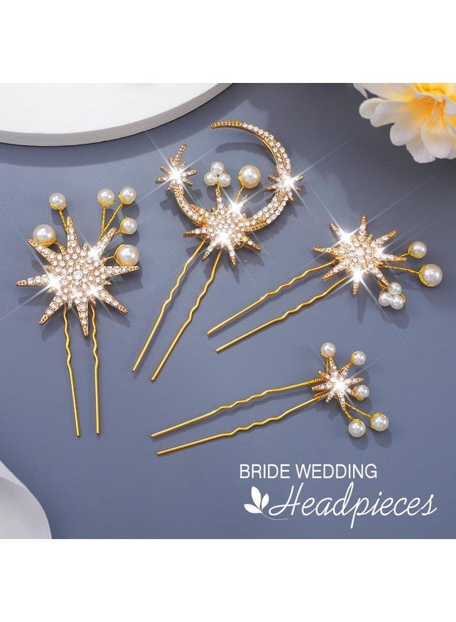كيلشي دبابيس شعر زفاف من Kilshye Star Bride، قطع شعر ذهبية على شكل قمر، إكسسوارات شعر من اللؤلؤ للنساء والفتيات (عبوة من 4 قطع) - Image 2
