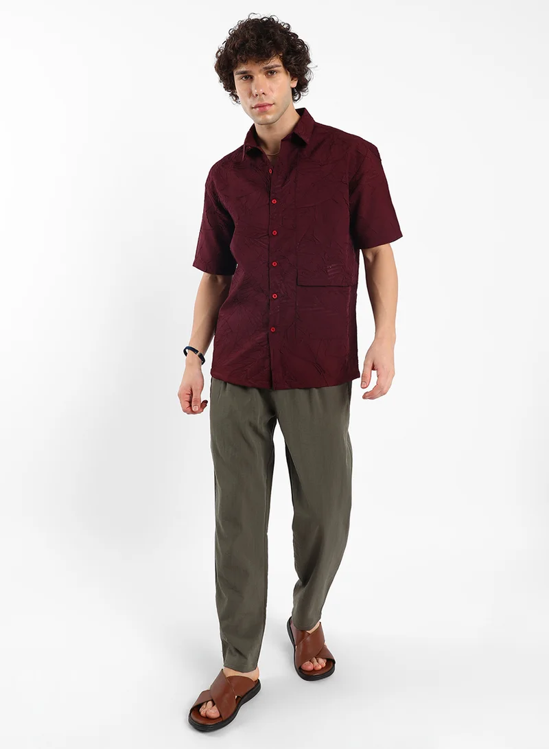 Campus Sutra Men's Wine Red Foliage-Tactile Shirt