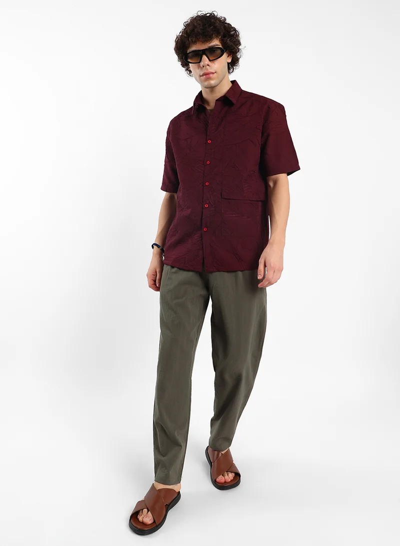 Campus Sutra Men's Wine Red Foliage-Tactile Shirt
