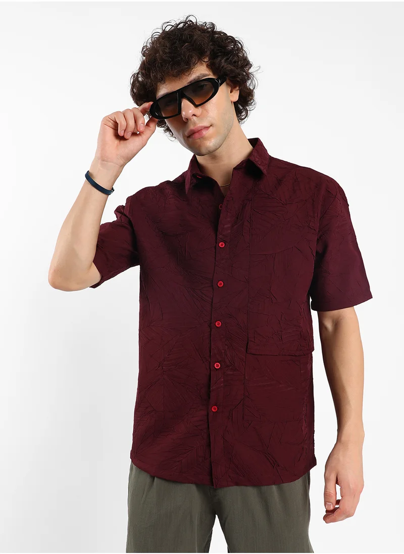 Campus Sutra Men's Wine Red Foliage-Tactile Shirt