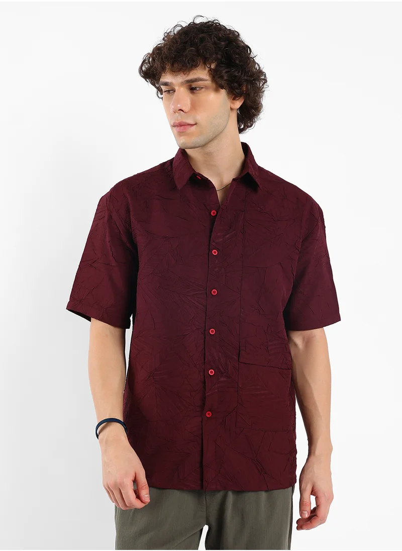 Campus Sutra Men's Wine Red Foliage-Tactile Shirt