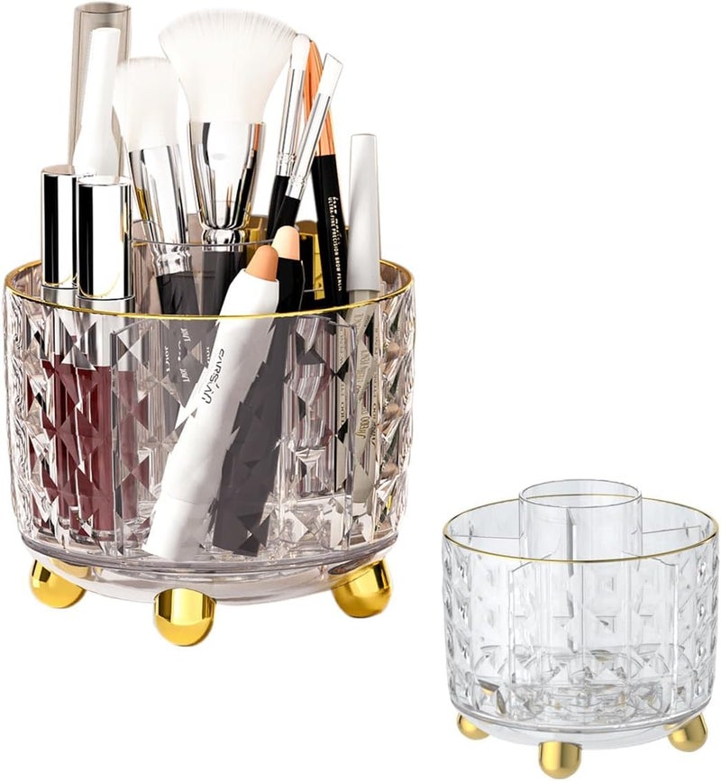 Calyrex Makeup Brush Holder Organizer -360 Rotating Makeup Brushes Cosmetic Organizer for Vanity Bathroom Countertop - Transparent Dustproof & Waterproof Makeup Brushes Holder with 6 Slots - Image 1