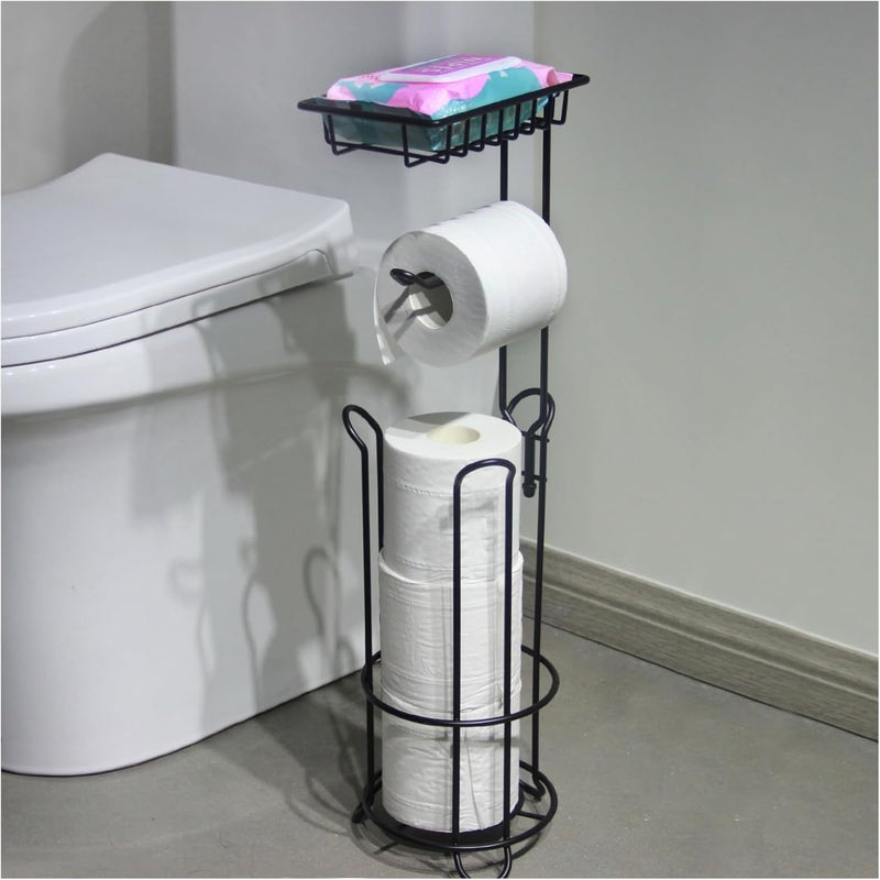 Free Standing Toilet Paper Holder with Tray for Bathroom Storage - Black - Image 5