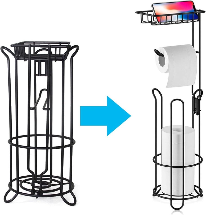Free Standing Toilet Paper Holder with Tray for Bathroom Storage - Black - Image 4