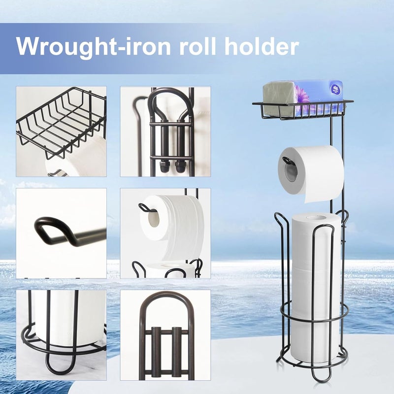 Free Standing Toilet Paper Holder with Tray for Bathroom Storage - Black - Image 2