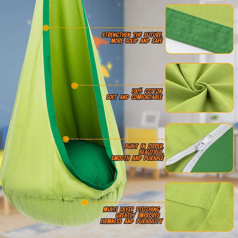 Y- STOP Y-STOP Kids Pod Swing Seat, Hanging Hammock Chair with Inflatable Pillow, Sensory Swing Chair with Pocket for Indoor and Outdoor(Green) - Image 3