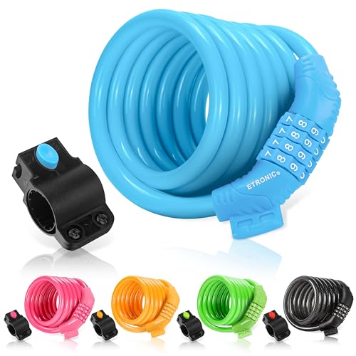 ETRONIC Security Bike Lock M6 Self Coiling Resettable Combination Lock Bike Cable Lock, 6-Feet x 3/8-Inch, Blue - Image 1