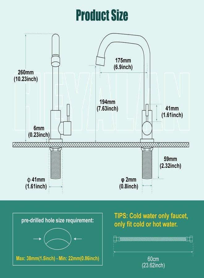 Heyalan Matte Black Faucet Cold Water Only Single Lever Handle SUS304 Sink Bar Tap 360 Degree Swivel Spout Decked Mounted Longer Thread Pipe - Image 2