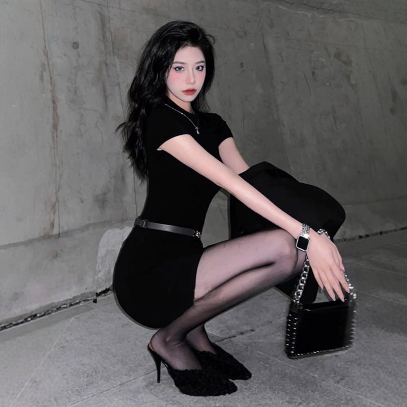 Sexy Half High Neck Short Sleeve Bodycon Dress - Image 3