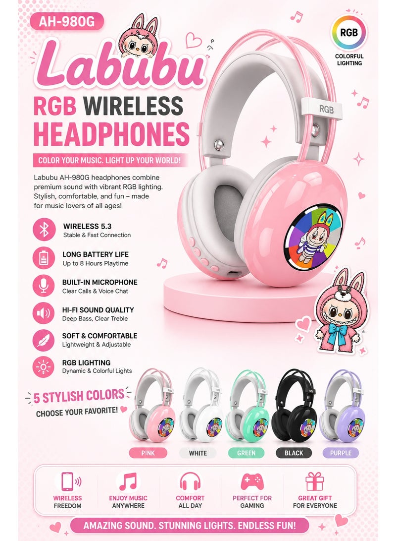 AH-980G RGB Bluetooth Gaming Headphones with 40mm Dynamic Drivers, Wireless Over-Ear Headset, Pure Bass Sound, Noise Reduction Microphone, USB Type-C Rechargeable, AUX Wired Mode for PC, PS5, Mobile, Tablet, Laptop and Nintendo Switch - Purple - Image 3