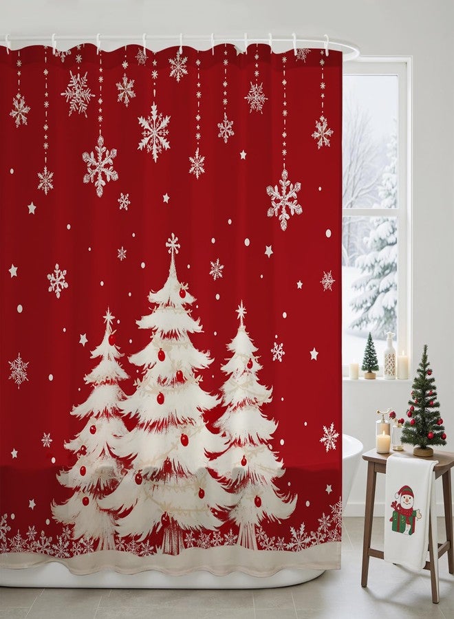 Mocsicka Merry Christmas Shower Curtain Cute Snowflake Christmas Bathroom Decor Pine Tree Winter Shower Curtain for Bathroom Cartoon New Year Bath Decoration (Red, 71x71inch) - Image 1