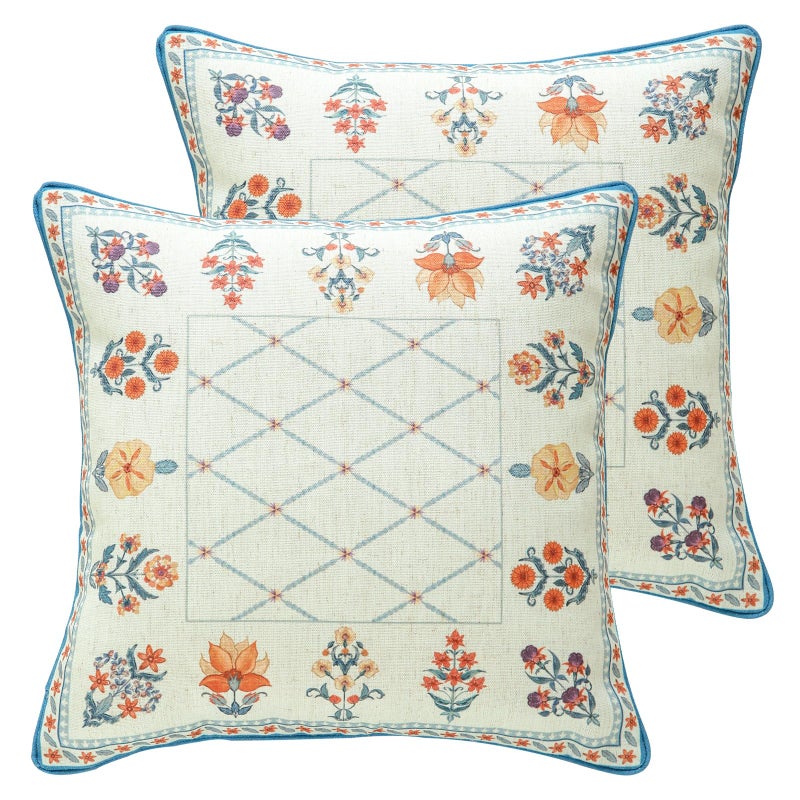 ISAENNE Design Square Linen Throw Pillow Covers 18"x18" Pack of 2, Blue Floral Country Cushion Covers with Colorful Wildflower Pattern Decor Pillowcases for Bed,Living Room,Outdoor,Car - Image 1