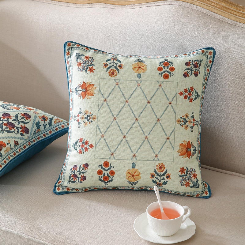 ISAENNE Design Square Linen Throw Pillow Covers 18"x18" Pack of 2, Blue Floral Country Cushion Covers with Colorful Wildflower Pattern Decor Pillowcases for Bed,Living Room,Outdoor,Car - Image 2