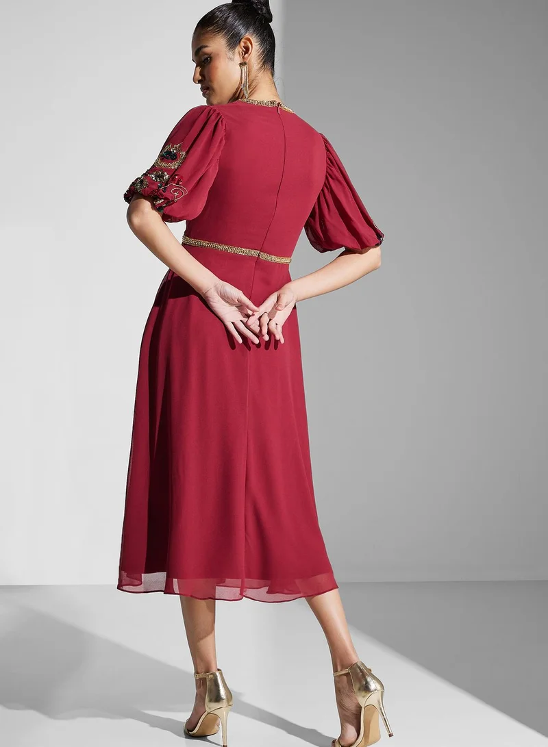 Frock and Frill Floral Embellished Puff Sleeve Dress