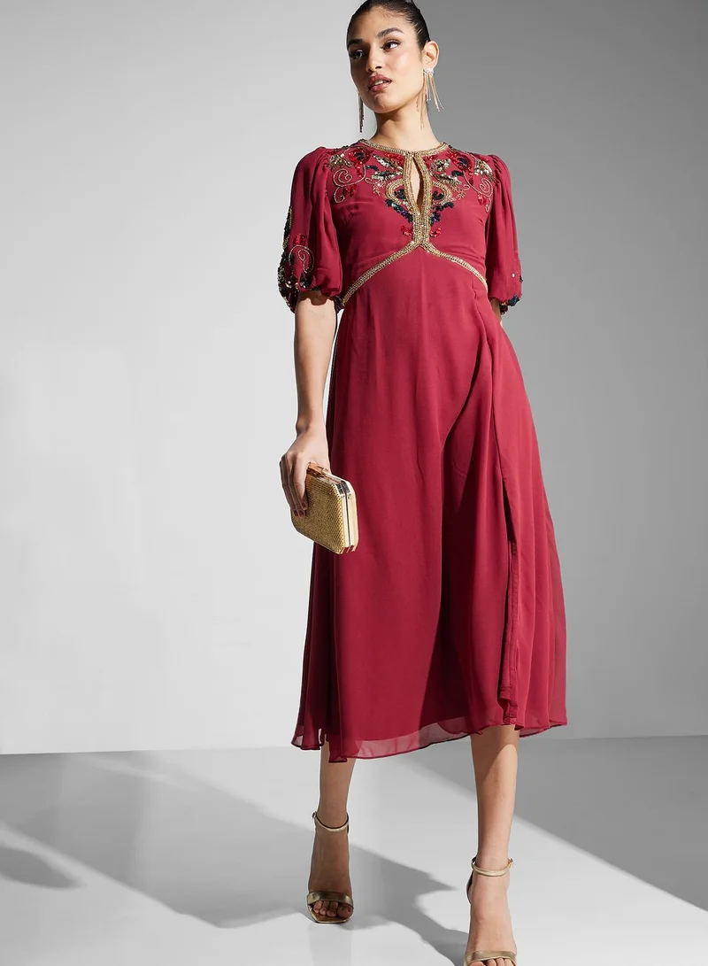 Frock and Frill Floral Embellished Puff Sleeve Dress