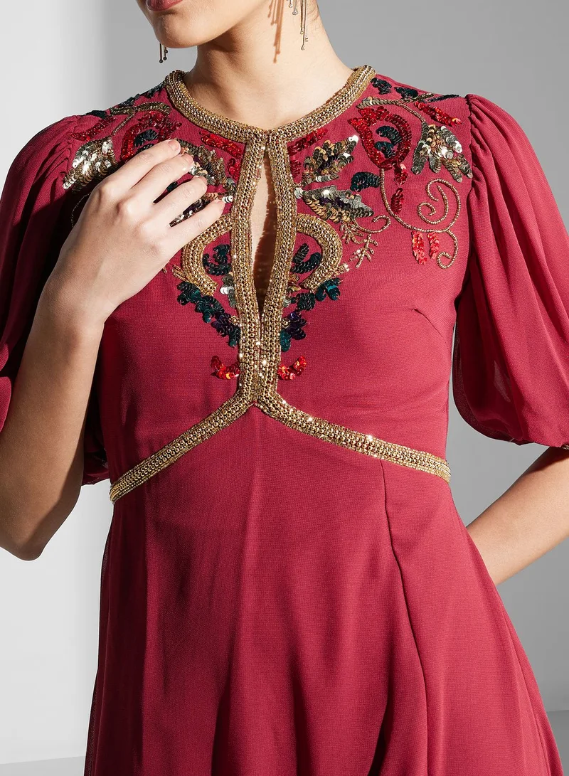 Frock and Frill Floral Embellished Puff Sleeve Dress