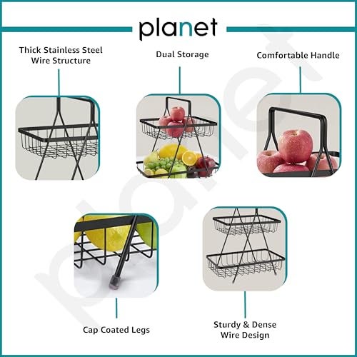 Planet High Grade Steel Fruit Basket for Dining Table/2 Tier Vegetable Basket Stand/Kitchen Countertop Fruit Stand ideal for Dining Table, Centre Table (Black) (Pack of 1) - Image 4