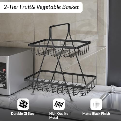 Planet High Grade Steel Fruit Basket for Dining Table/2 Tier Vegetable Basket Stand/Kitchen Countertop Fruit Stand ideal for Dining Table, Centre Table (Black) (Pack of 1) - Image 3