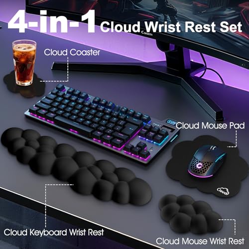 Retuhapy Cloud Wrist Rest Keyboard Cushion, 4-in-1 Ergonomic Cloud Keyboard Wrist Rest and Mouse Pad Set with Memory Foam Arm Support for Palm, Cute Desk Accessory for PC Gaming Setup, Black - Image 2